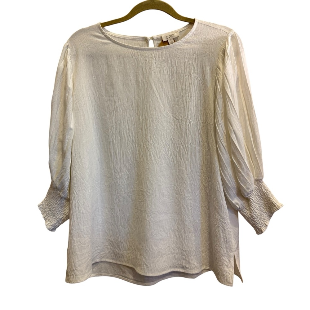 ODDY Woman’s Pleated Puff Sleeve Business Casual Cream Blouse sz L